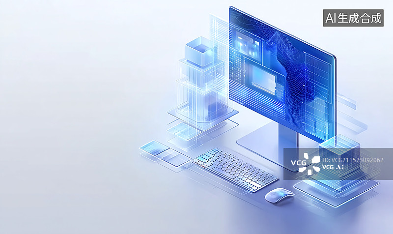 【AI数字艺术】未来办公科技图景：3D 渲染构建智能设备与数据可视化界面，数字交互生态魅力，虚拟场景展现信息科技前沿图片素材