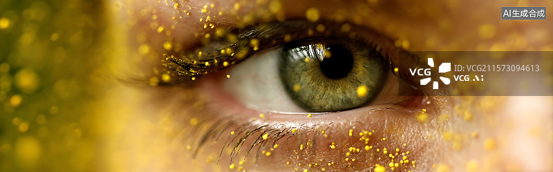 【AI数字艺术】漂浮的花粉颗粒围绕在发红的眼睛周围，背景是模糊的春季风景，季节性过敏和健康问题概念。图片素材