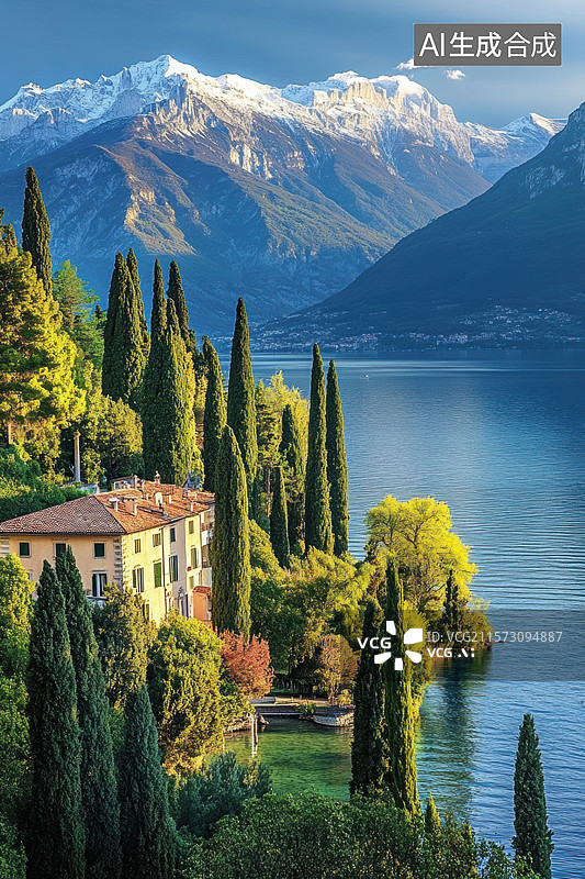 【AI数字艺术】湖畔山居风景如画图片素材
