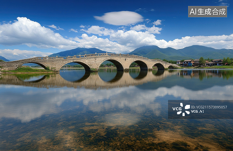 【AI数字艺术】湖畔彩虹桥倒影图片素材