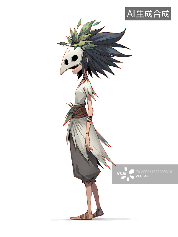 【AI数字艺术】2D游戏角色设计，展示一位穿着短衣、戴着部落面具的女性幽灵，侧面视角，纯白背景居中简洁。图片素材