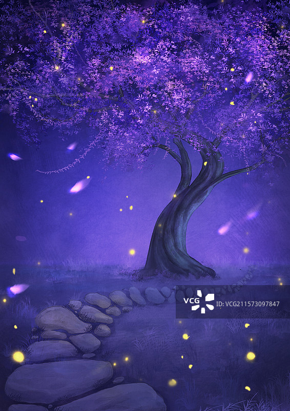 唯美 古风 夜色 萤火虫  大树图片素材
