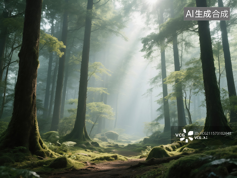 【AI数字艺术】雾林晨辉：阳光穿林的静谧之境图片素材