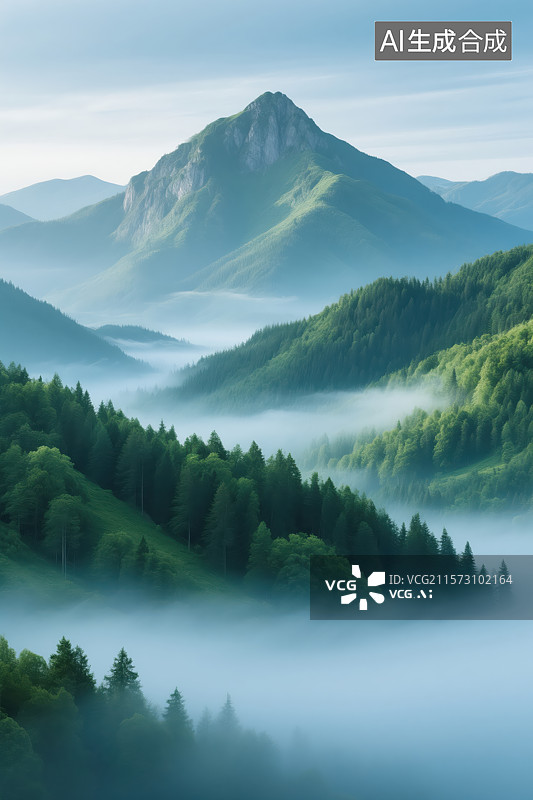 【AI数字艺术】晨雾漫青山：幽林远岫图片素材