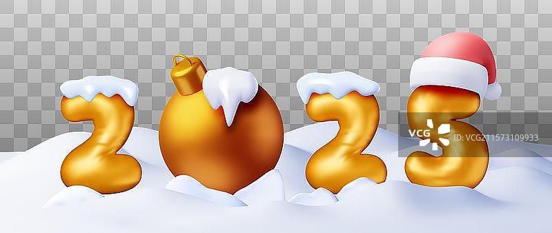 2025年新年象征的3D金色气球在雪中图片素材