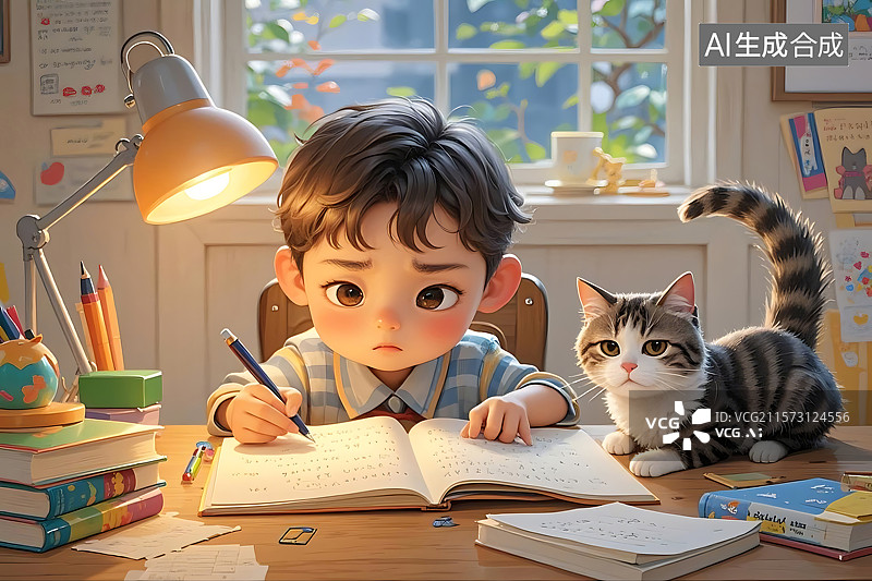 【AI数字艺术】男孩写作业猫咪陪伴图片素材