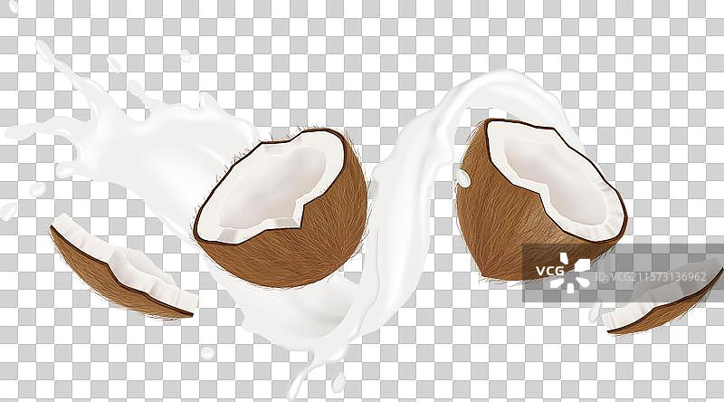 现实主义风格的椰子裂开，浸泡在牛奶漩涡中图片素材