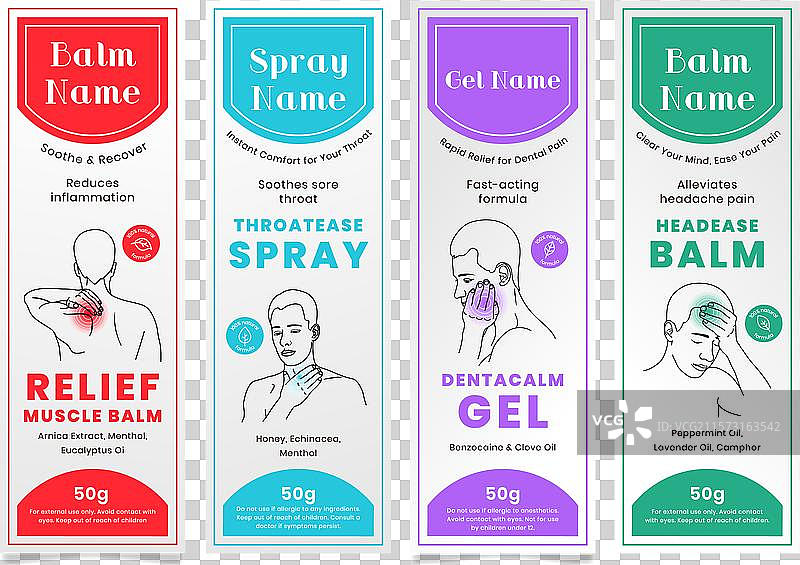 医疗膏药和喷雾辅助治疗标签设计图片素材