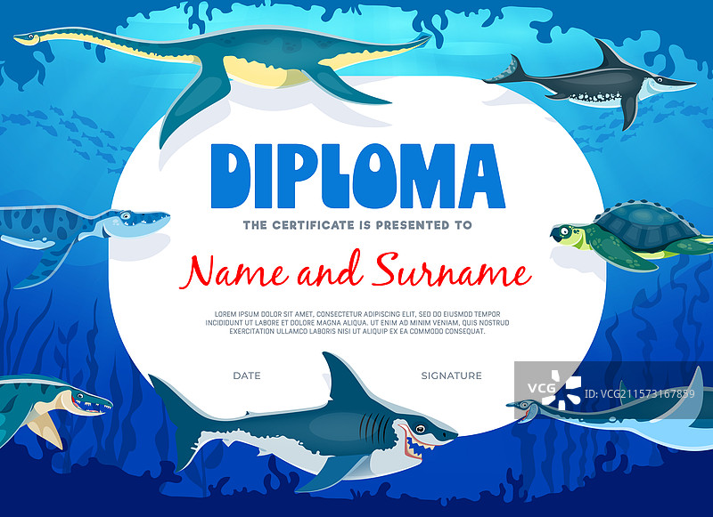 孩子们的文凭与史前水下恐龙图片素材