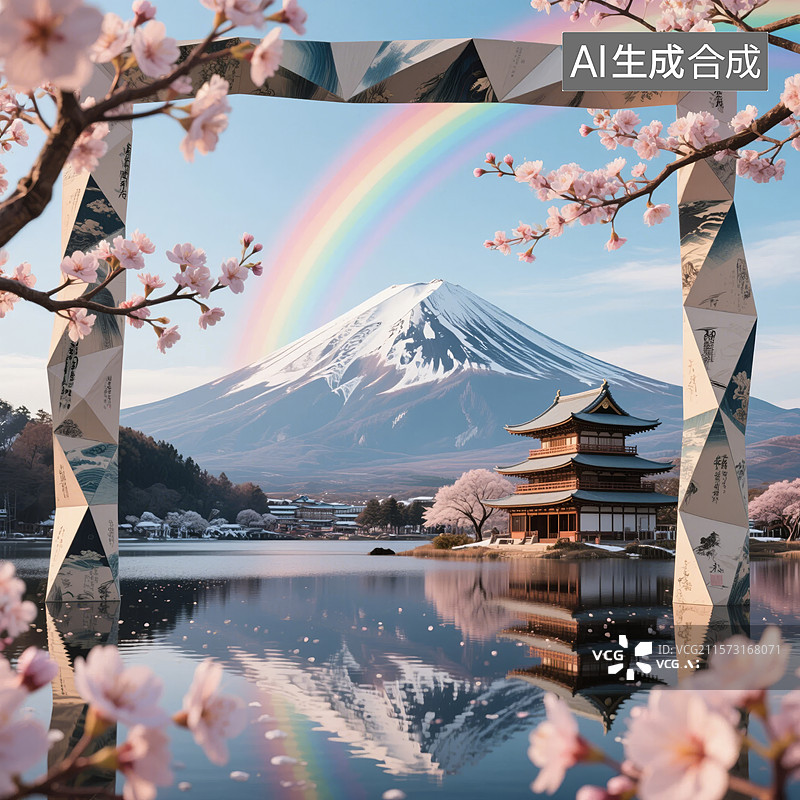 【AI数字艺术】富士山彩虹与樱花图片素材