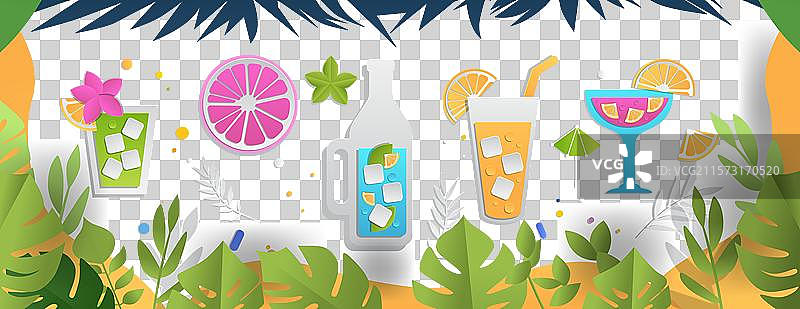 热带鸡尾酒，夏季冰饮与绿叶图片素材