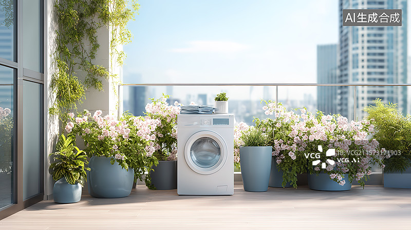 【AI数字艺术】明媚阳光下的阳台和洗衣机居家生活场景插画图片素材
