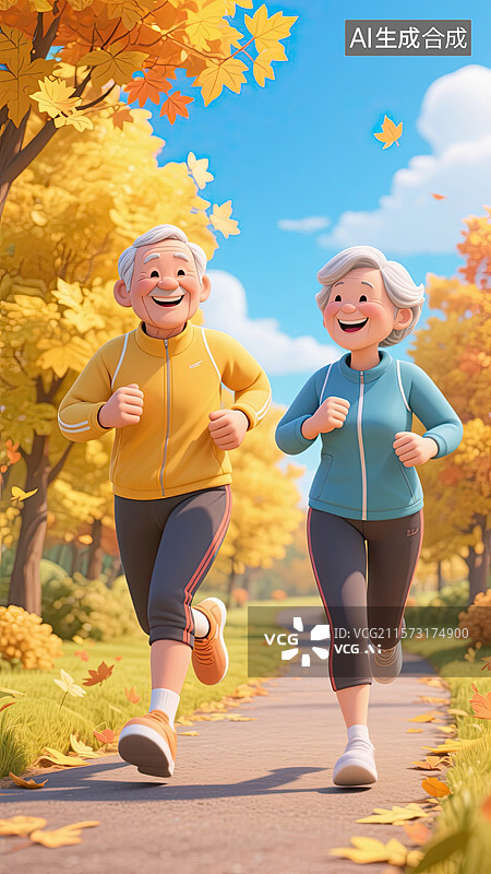 【AI数字艺术】3D，老年夫妻，秋天，跑步，插画图片素材