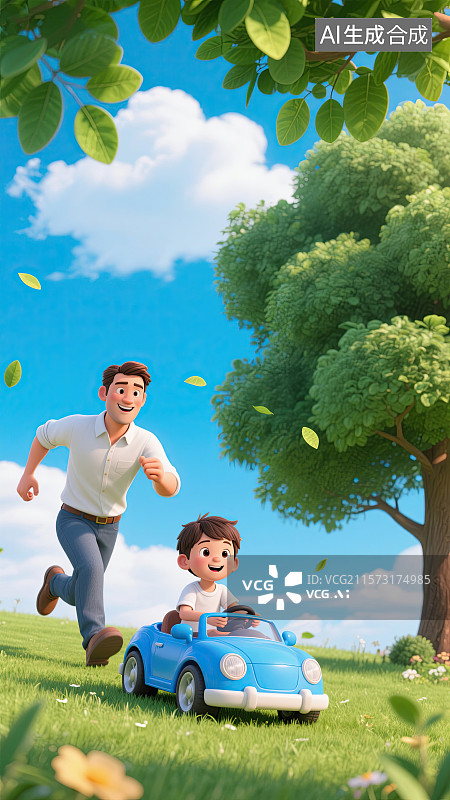 【AI数字艺术】3D，父子，儿童汽车，玩乐，插画图片素材