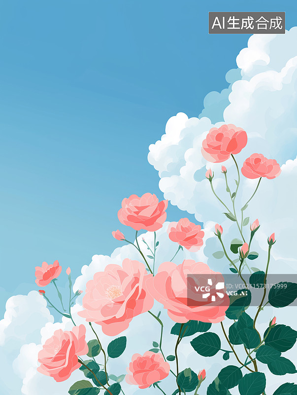 【AI数字艺术】清新夏天插画——盛开的玫瑰花与蓝天白云图片素材