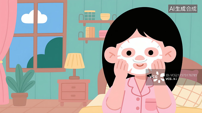 【AI数字艺术】敷面膜的女生插画图片素材