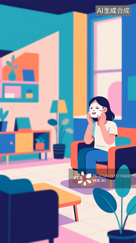 【AI数字艺术】敷面膜的女生插画图片素材