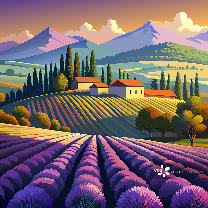 一幅有房子的薰衣草田的画作图片素材