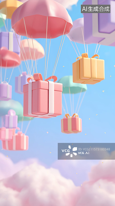 【AI数字艺术】电商购物节 主题背景——戴着降落伞从天而降的礼物图片素材