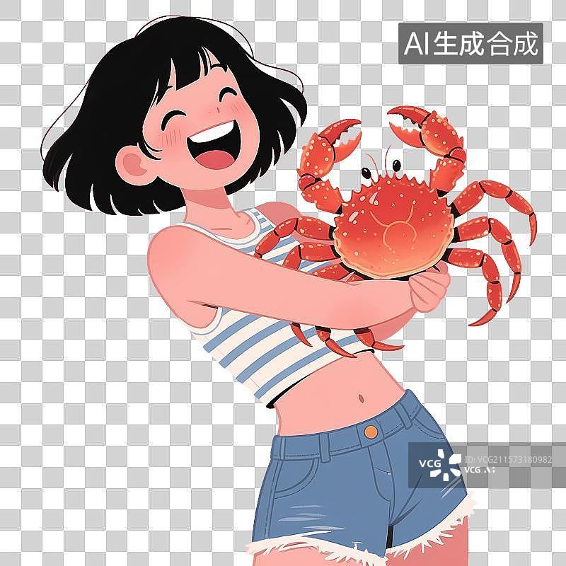 【AI数字艺术】年轻女孩抱着刚买的帝王蟹免抠元素图片素材