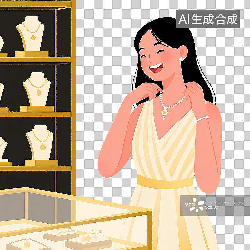 【AI数字艺术】年轻女人在珠宝店选购项链免抠元素图片素材
