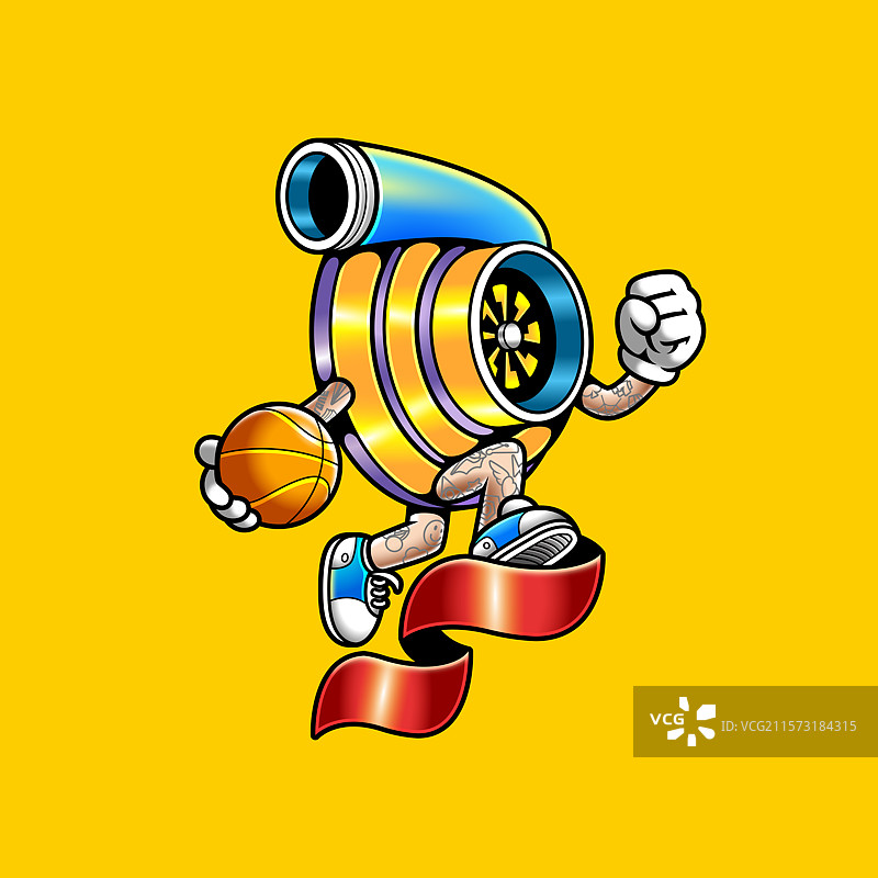 美式涡轮卡通人物打篮球脚踩红丝带插画图片素材