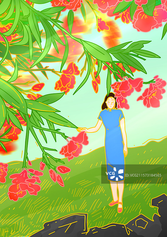 夹竹桃 夏天 美女 旗袍 女孩 立夏 大暑 小暑图片素材