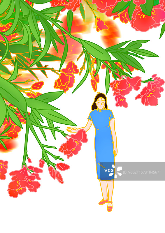 夹竹桃 夏天 美女 旗袍 女孩 立夏 大暑 小暑图片素材