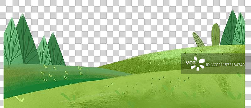 户外的田园风光元素 公园的树和草地 扁平风格的绿色山群和植物 春天元素图片素材
