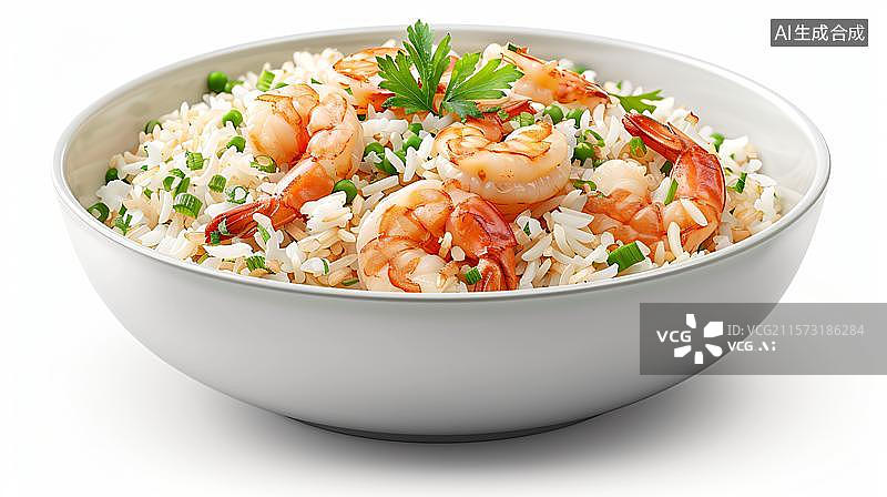 【AI数字艺术】白色背景下一碗虾仁炒饭的特写镜头  鲜虾炒饭的诱人美味 一碗暖心的海鲜虾仁炒饭图片素材