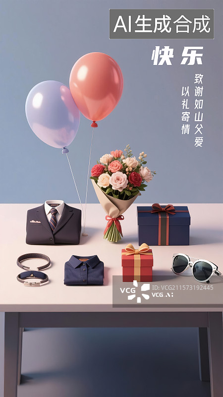 【AI数字艺术】父亲节创意概念海报设计模板 男士商务工作服装配饰 3D三维立体渲染风格插画背景 桌子上的礼物西服套装图片素材