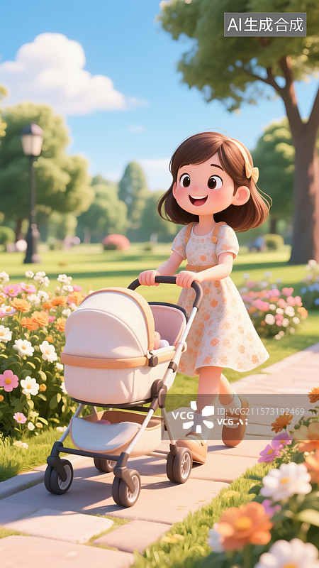 【AI数字艺术】年轻宝妈推着婴儿车三维插画图片素材