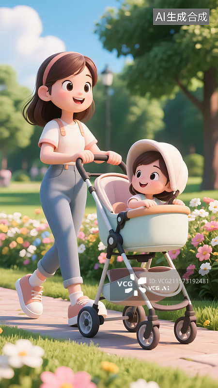 【AI数字艺术】年轻宝妈推着婴儿车三维插画图片素材