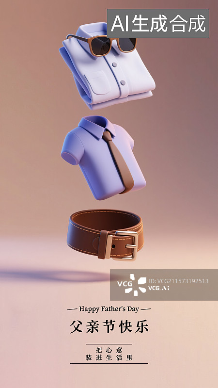 【AI数字艺术】父亲节创意概念海报设计模板男士商务工作服装配饰礼物3D三维立体渲染风格插画背景墨镜衬衫皮带腰带领带图片素材