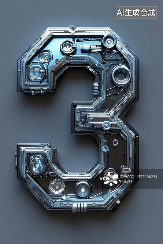 【AI数字艺术】机械风格数字3的艺术设计图片素材