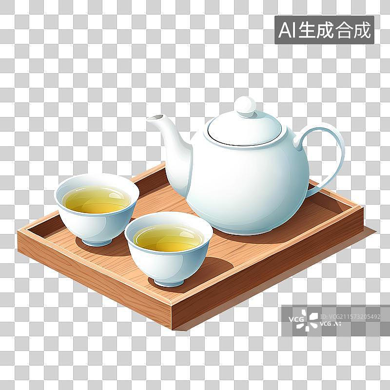 【AI数字艺术】国风手绘插画，茶具，茶壶茶杯，春茶，茶叶，茶文化，茶道免抠元素图片素材