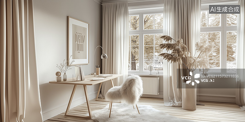 【AI数字艺术】明亮斯堪的纳维亚风书房：桦木家具与光影交织的宁静空间图片素材