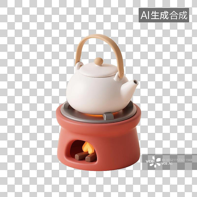【AI数字艺术】3D渲染，潮汕工夫茶，红泥小火炉，围炉煮茶，烧水烹茶，茶文化，免抠元素图片素材