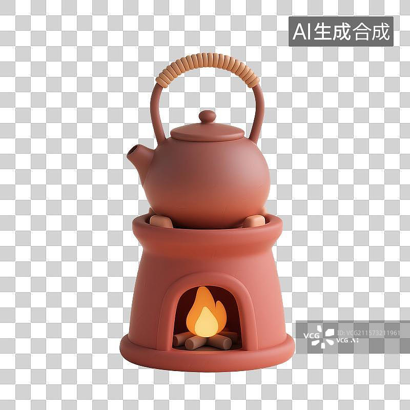 【AI数字艺术】3D渲染，潮汕工夫茶，红泥小火炉，围炉煮茶，烧水烹茶，茶文化，免抠元素图片素材