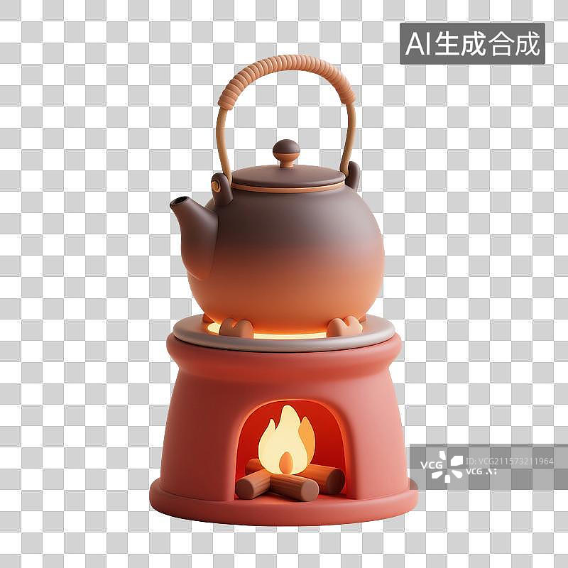 【AI数字艺术】3D渲染，潮汕工夫茶，红泥小火炉，围炉煮茶，烧水烹茶，茶文化，免抠元素图片素材