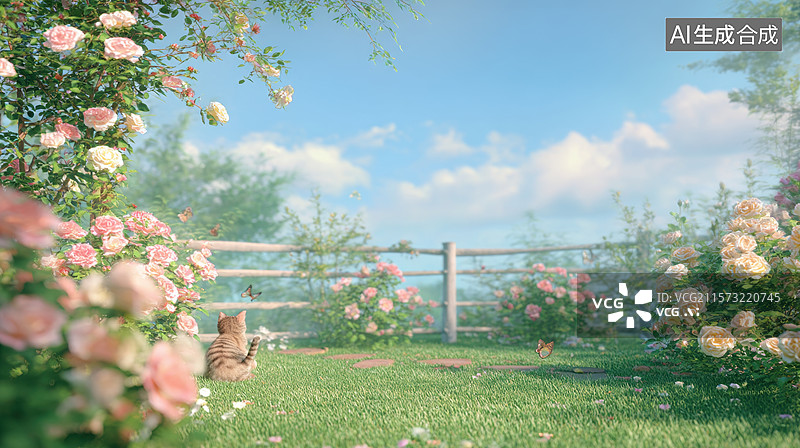 【AI数字艺术】花园中的猫咪与玫瑰图片素材