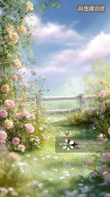 【AI数字艺术】花丛中的小径与兔子图片素材