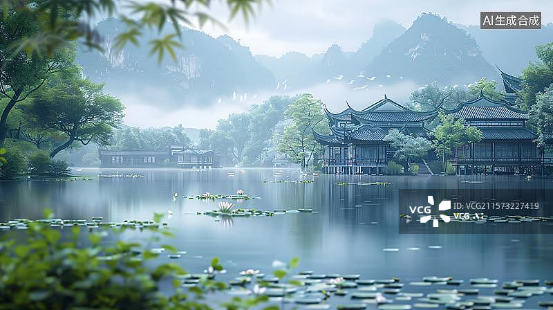 【AI数字艺术】宁静的湖水与古典建筑  山水间的静谧古亭 田园诗意下的迷你中国风古建筑亭台阁楼 烟雨江南水乡人家图片素材