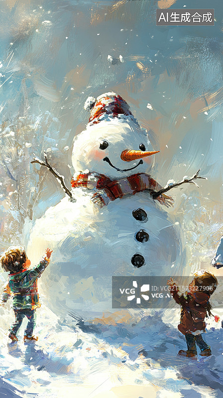 【AI数字艺术】孩子们在雪地里堆雪人图片素材