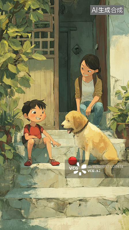 【AI数字艺术】庭院中孩子与狗的温馨时光图片素材
