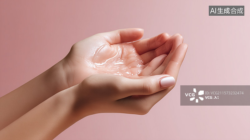 【AI数字艺术】女性双手捧着透明芦荟胶护肤品的特写图片素材