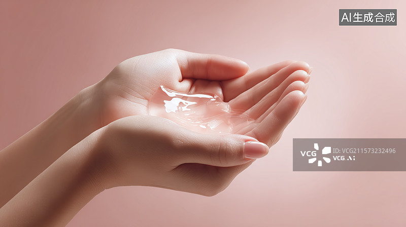 【AI数字艺术】女性双手捧着透明芦荟胶护肤品的特写图片素材