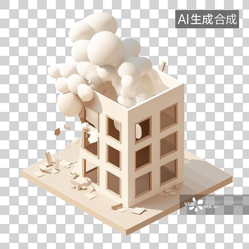 【AI数字艺术】3D三维卡通废墟房子拆迁地震图片素材