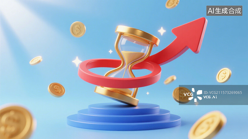 【AI数字艺术】3D三维商务金融流出金币的沙漏 时间就是金钱图片素材