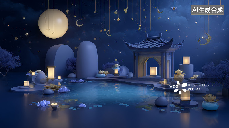 【AI数字艺术】中秋节元宵节国风意境插画背景图片素材